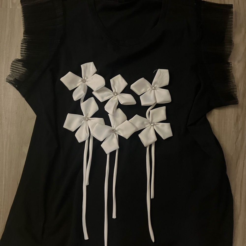 Ashley Stewart Black Top with White Floral Design